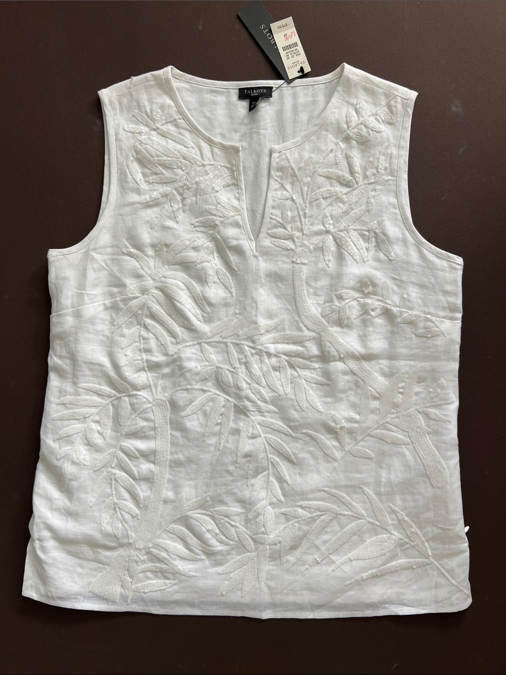 Talbots White Embroidered Linen Sleeveless Shell